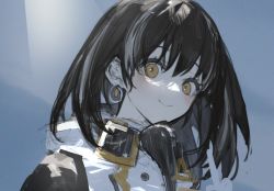 Rule 34 | 1girl, arknights, black hair, closed mouth, earrings, es-ther, green eyes, jacket, jewelry, looking at viewer, looking to the side, magallan (arknights), medium hair, multicolored clothes, multicolored hair, multicolored jacket, portrait, sidelocks, simple background, sketch, smile, solo, streaked hair