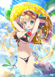 Rule 34 | 1girl, :d, animal, arms up, bead bracelet, beads, bikini, black bikini, blonde hair, blue bow, blue eyes, blue ribbon, blue sky, blush, bow, bow bikini, bracelet, cloud, commentary request, day, dolphin, eyewear on head, fang, flower, front-tie bikini top, front-tie top, groin, hair between eyes, hair bow, hair flower, hair ornament, hair ribbon, hairclip, highres, horizon, innertube, jewelry, long hair, mikeou, ocean, open mouth, original, outdoors, palm tree, red-framed eyewear, ribbon, side-tie bikini bottom, sidelocks, sky, smile, solo, star (symbol), star hair ornament, striped, striped bow, sun, sunglasses, sunlight, swim ring, swimsuit, tree, twintails, very long hair, water, white flower, yellow innertube