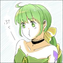 Rule 34 | 1girl, 72yan, bare shoulders, breasts, butterfly tattoo, choker, cleavage, closed mouth, commentary request, green eyes, green hair, hair ribbon, long hair, lowres, multi-tied hair, ponytail, ribbon, saga, saga frontier 2, solo, tattoo, virginia knights