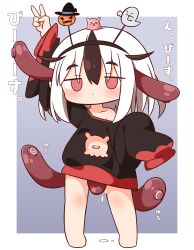 Rule 34 | 1girl, bare shoulders, barefoot, black hairband, black headwear, black shirt, blue background, blush, brown hair, chibi, collarbone, empty eyes, full body, ghost, hair between eyes, hairband, halloween, hana kazari, hat, highres, jack-o&#039;-lantern, jitome, long sleeves, looking at viewer, multicolored hair, off shoulder, on head, original, puffy long sleeves, puffy sleeves, red eyes, shirt, shokushu-chan, sleeves past fingers, sleeves past wrists, solo, standing, streaked hair, tentacle clothes, thick eyebrows, translation request, two-tone background, white background, white hair, witch hat