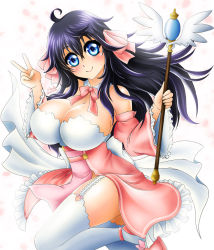 Rule 34 | 10s, 1girl, ahoge, blue eyes, blush, bow, breasts, cleavage, cleric, detached collar, detached sleeves, frills, highres, holding, large breasts, long hair, looking at viewer, netoge no yome wa onna no ko janai to omotta?, ribbon, sevie, shoes, skirt, smile, solo, staff, tamaki ako, thighhighs, two side up, white thighhighs