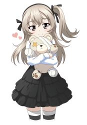 Rule 34 | 1girl, bandages, black bow, black bowtie, black ribbon, black skirt, black thighhighs, boko (girls und panzer), bow, bowtie, brown eyes, casual, closed mouth, collared shirt, commentary, cowboy shot, girls und panzer, hair ribbon, heart, high-waist skirt, holding, holding stuffed toy, kumaji (kumazidayo), layered skirt, light brown hair, long hair, long sleeves, looking at viewer, medium skirt, one side up, ribbon, shimada arisu, shirt, simple background, skirt, smile, solo, standing, stuffed animal, stuffed toy, suspender skirt, suspenders, teddy bear, thighhighs, white background, white shirt