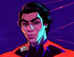 Rule 34 | 1boy, artist name, black bodysuit, black hair, blushyspicy, bodysuit, closed mouth, highres, looking at viewer, male focus, marvel, miguel o&#039;hara, muscular, muscular male, portrait, purple background, red bodysuit, red eyes, short hair, smile, solo, spider-man: across the spider-verse, spider-man (series), spider-verse