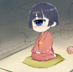 Rule 34 | 1girl, aratagawa nikei, ball, black hair, blue eyes, blush, character request, chest of drawers, cyclops, frown, japanese clothes, kimono, kneeling, monster girl, one-eyed, pillow, sitting, solo
