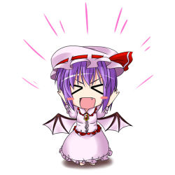 Rule 34 | &gt;:d, &gt; &lt;, 1girl, :d, > <, arms up, bat wings, blush stickers, chibi, closed eyes, cosplay, dress, fang, female focus, hat, ichimi, nagae iku, open mouth, purple hair, remilia scarlet, remilia scarlet (cosplay), short hair, simple background, smile, solo, touhou, v-shaped eyebrows, wings, xd