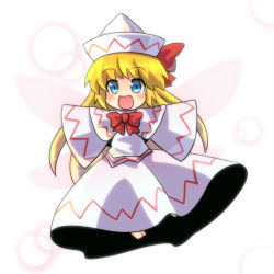 Rule 34 | 1girl, :d, blonde hair, blue eyes, bow, fairy wings, hat, lily white, open mouth, skirt, skirt set, sleeves past wrists, smile, tomato chip, touhou, wings