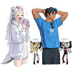 Rule 34 | 1boy, 3girls, arms behind head, arms up, asymmetrical legwear, black hair, black pants, blonde hair, blue shirt, camera, closed eyes, double bun, expressionless, fang, food, food on head, fruit, fruit on head, grey hair, hair bun, highres, holding, holding camera, korean text, long hair, long sleeves, multiple girls, object on head, open mouth, original, pants, print shirt, rinotuna, shirt, short hair, short sleeves, simple background, skin fang, smile, star-shaped eyewear, star (symbol), strawberry, sunglasses, tail, translation request, twintails, white background, white hair, white shirt