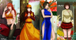 Rule 34 | 4girls, aran sweater, black hair, blue dress, braid, breasts, brown hair, cable knit, china dress, chinese clothes, cleavage, collage, column lineup, dead7open, dress, hair between eyes, hair over shoulder, harasaki nozomi, honda, hong xiu ying, interlocked fingers, joy (shenmue), large breasts, ling shen hua, low ponytail, low twintails, midriff, motor vehicle, motorcycle, multiple girls, own hands clasped, own hands together, plaid, plaid skirt, salute, shenmue, shenmue ii, side slit, skirt, sweater, turtleneck, twin braids, twintails, two-finger salute, vehicle