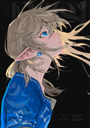 Rule 34 | 1boy, blonde hair, blue eyes, blue tunic, blush, character name, copyright name, earrings, english text, eyelashes, floating hair, from side, highres, jewelry, kaninn, link, long hair, male focus, nintendo, pointy ears, solo, the legend of zelda, the legend of zelda: breath of the wild, upper body