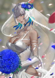 Rule 34 | 1girl, animal ears, blind, blurry, blurry background, bouquet, breasts, bride, cat ears, cat tail, cleavage, dark-skinned female, dark skin, dress, elbow gloves, facial mark, feather hair ornament, feathers, final fantasy, final fantasy xiv, flower, from side, gloves, grey eyes, grey hair, hair flower, hair ornament, highres, hip vent, large breasts, liang jushuang, looking at viewer, miqo&#039;te, motion blur, petals, short hair, solo, tail, veil, wedding dress, whisker markings, white dress, white gloves, y&#039;shtola rhul
