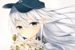 Rule 34 | 1girl, absurdres, anchor symbol, black hat, blue sailor collar, blush, bouquet, closed mouth, commentary request, dated, flat cap, floating hair, flower, grey background, grey eyes, hair between eyes, happy birthday, hat, hibiki (kancolle), highres, kantai collection, long hair, looking at viewer, portrait, sailor collar, school uniform, serafuku, shirt, silver hair, simple background, smile, solo, tears, uzuki tsukuyo, white flower, white shirt