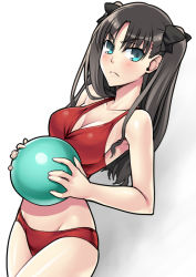 Rule 34 | 1girl, ball, bare shoulders, bikini, black hair, blue eyes, blush, breasts, cleavage, fate/stay night, fate (series), gradient background, imada kozue, long hair, looking at viewer, smile, solo, swimsuit, tohsaka rin, twintails, two side up