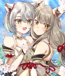 Rule 34 | 2girls, animal ears, blue sky, cat ears, chest jewel, cosplay, detached sleeves, ear covers, facial mark, flower, light blush, long hair, low twintails, mio (xenoblade), multiple girls, nia (blade) (xenoblade), nia (blade) (xenoblade) (cosplay), nia (xenoblade), open mouth, short hair, sky, smile, twintails, upper body, very long hair, xenoblade chronicles (series), xenoblade chronicles 2, xenoblade chronicles 3, yellow eyes, zer00han