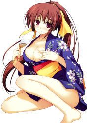 Rule 34 | 1girl, absurdres, barefoot, blush, breasts, brown eyes, brown hair, cleavage, female focus, hand fan, highres, japanese clothes, kimono, large breasts, long hair, looking at viewer, paper fan, parted lips, ponytail, raised eyebrows, simple background, solo, thighs, tomose shunsaku, uchiwa, white background, yukata
