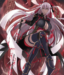 Rule 34 | 1girl, breasts, cleavage, cleavage cutout, clothing cutout, crossed legs, dutch angle, fate/grand order, fate (series), floating hair, grey eyes, hair between eyes, hair ornament, highres, holding, holding sword, holding weapon, invisible chair, katana, koha-ace, large breasts, long coat, long hair, long sleeves, looking at viewer, majin saber, okita souji (fate), okita souji alter (fate), parted lips, red skirt, ribbed legwear, shin guards, sitting, skirt, solo, sword, takara joney, tassel, thigh strap, thighs, very long hair, weapon, white hair
