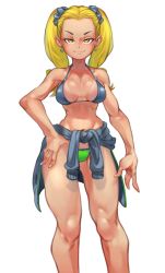 Rule 34 | 1girl, absurdres, atlus, ayase yuka, bikini, blonde hair, breasts, brown eyes, clothes around waist, earrings, forehead, freckles, groin tendon, hair ornament, hand on own hip, highres, jacket, jacket around waist, jewelry, kelvin hiu, large breasts, navel, persona, persona 1, scrunchie, shiny skin, skindentation, smile, swimsuit, tan, tanline, thighs, twintails
