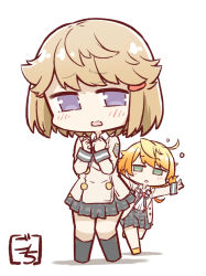 Rule 34 | 2girls, :d, ahoge, artist name, black skirt, blonde hair, blush, buttons, chibi, collared shirt, commentary request, emblem, full body, gochisousama (tanin050), green eyes, grey skirt, hair ornament, hands up, highres, jacket, kneehighs, knees together feet apart, kobato ryouko, light brown hair, long hair, long sleeves, looking at viewer, low ponytail, miniskirt, multiple girls, neck ribbon, no pupils, open clothes, open jacket, open mouth, outstretched arms, own hands together, parted lips, plaid, plaid skirt, pleated skirt, ponytail, purple eyes, purple ribbon, raised eyebrows, ribbon, school uniform, shirt, short hair, shoujo kageki revue starlight, shoujo kageki revue starlight -re live-, simple background, skirt, smile, socks, spread arms, standing, standing on one leg, suspender skirt, suspenders, umibe minku, wavy mouth, white background, white jacket, white shirt, yellow socks