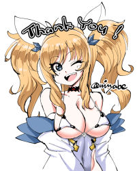 Rule 34 | 1girl, artist request, blonde hair, blue eyes, bodysuit, breasts, cleavage, curvy, highleg, highleg leotard, large breasts, leotard, long hair, looking at viewer, one eye closed, onizaki kirara, open mouth, revealing clothes, shiny clothes, shiny skin, simple background, smile, solo, taimanin (series), taimanin rpgx, thong leotard, twintails, twitter username, upper body, wink