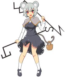 Rule 34 | 1girl, :d, animal ears, basket, blush, breasts, capelet, dowsing rod, dress, full body, highres, holding, holding with tail, jewelry, looking at viewer, mary janes, mouse ears, mouse tail, nazrin, necklace, open mouth, pigeon-toed, prehensile tail, red eyes, shoes, short hair, silver hair, smile, socks, solo, tail, touhou, wade99, white background, white socks