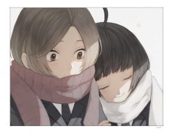 Rule 34 | 10s, 2girls, ahoge, amatori chika, antenna hair, black hair, black jacket, black necktie, blazer, border, brown eyes, brown hair, closed mouth, covered mouth, curry gohan, eyelashes, grey background, holding another&#039;s arm, jacket, leaning on person, leaning to the side, light brown hair, light particles, multiple girls, natsume izuho, necktie, red scarf, scarf, school uniform, shade, signature, simple background, smile, striped necktie, striped neckwear, upper body, white border, white scarf, world trigger