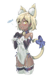 Rule 34 | 1girl, animal ears, bare shoulders, bell, neck bell, black gloves, blonde hair, blush, bow, breasts, cat ears, cat tail, collar, dark skin, dark-skinned female, elbow gloves, garter straps, gloves, jingle bell, kakiman, leotard, looking at viewer, open mouth, original, short hair, simple background, small breasts, solo, tail, tail bow, tail ornament, thighhighs, white background, wrist cuffs, yellow eyes