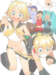 Rule 34 | 2boys, 3girls, akinbo (hyouka fuyou), assisted exposure, bad id, bad pixiv id, belt, blonde hair, brother and sister, clothes pull, everyone, forced, hatsune miku, kagamine len, kagamine rin, kaito (vocaloid), meiko (vocaloid), midriff, multiple boys, multiple girls, navel, no panties, panties, pants, pants pull, panty pull, petite, pulled by self, short shorts, shorts, shorts pull, siblings, standing, thigh gap, thighs, twins, underwear, undressing, vocaloid