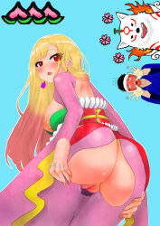 Rule 34 | 1boy, 1girl, amaterasu (ookami), ass, ass cutout, ass focus, back, blonde hair, blush, breasts, censored, clothing cutout, cosplay, earrings, embarrassed, feet out of frame, flying sweatdrops, from behind, gojou wakana, highres, issun, jewelry, kitagawa marin, large breasts, lips, long hair, long sleeves, looking back, mosaic censoring, nail polish, nokironokii, ookami (game), open mouth, pink hair, pussy, red eyes, red nails, ring, rope, sakuya (ookami), sakuya (ookami) (cosplay), shimenawa, sideboob, solo focus, sono bisque doll wa koi wo suru, standing, stud earrings, teeth, upper teeth only, wolf