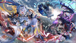 Rule 34 | 3girls, :d, absurdres, armor, bare shoulders, blue dress, blue eyes, blue sky, blurry, blurry foreground, bronya zaychik, bronya zaychik (herrscher of reason), cityscape, closed mouth, dress, drill hair, electricity, full body, gauntlets, grey eyes, grey hair, highres, holding, holding sword, holding weapon, honkai (series), honkai impact 3rd, horns, japanese armor, kiana kaslana, kiana kaslana (herrscher of flamescion), long hair, looking at viewer, multiple girls, nigoolas, open mouth, outdoors, ponytail, project bunny, purple eyes, purple hair, raiden mei, raiden mei (herrscher of thunder), sky, smile, sword, twin drills, weapon, white hair