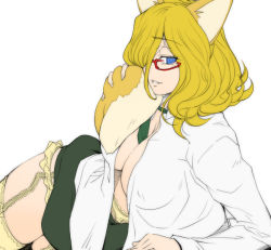 Rule 34 | 00s, 1girl, blonde hair, blouse, blue eyes, breasts, cleavage, code geass, female focus, flat color, garter belt, glasses, hair over one eye, hairu, large breasts, milly ashford, necktie, open clothes, open shirt, raised eyebrow, shirt, skirt, smile, solo, thighhighs, white background