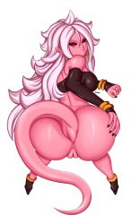 Rule 34 | 1girl, android 21, anus, ass, bottomless, breasts, cleft of venus, closed mouth, colored skin, dragon ball, dragon ball fighterz, dragonball z, earrings, eyebrows, female focus, highres, huge ass, jewelry, jnstudio, long hair, looking back, majin (race), majin android 21, pink skin, pointy ears, pussy, red eyes, shoes, simple background, solo, tail, uncensored, white background, white hair