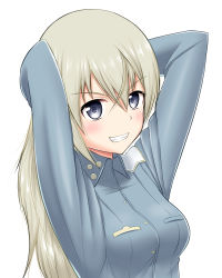 Rule 34 | 1girl, :d, arms behind head, black-eyed susan, blonde hair, blush, breasts, eila ilmatar juutilainen, hair between eyes, military, military uniform, open mouth, oryou gunsou, simple background, small breasts, smile, smirk, solo, strike witches, uniform, upper body, v-shaped eyebrows, white background, world witches series