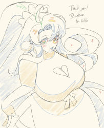 Rule 34 | 1girl, blush, breasts, cleavage, cleavage cutout, clothing cutout, color trace, commission, dress, floating hair, hand on own hip, heart, heart-shaped pupils, heart cutout, highres, huge breasts, kiiko 2233, long hair, looking at viewer, open mouth, original, skeb commission, smile, solo, symbol-shaped pupils, very long hair, yellow background