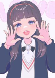 Rule 34 | 1girl, animification, black bow, black jacket, blazer, blush, bow, brown hair, grey eyes, hairband, head tilt, ive (group), jacket, k-pop, long hair, looking at viewer, mimiilllll, mole, mole on neck, mole under eye, open hands, real life, red hairband, rei (ive), shirt, smile, solo, straight-on, vest, white background, white shirt, white vest