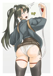 Rule 34 | !?, 10s, 1girl, ass, black thighhighs, clothes lift, fang, green hair, hakama, hakama skirt, highres, huge ass, japanese clothes, kantai collection, konoshige (ryuun), leg ribbon, lifted by self, panties, ribbon, simple background, skindentation, skirt, solo, standing, surprised, tape measure, thick thighs, thighhighs, thighs, twintails, underwear, white background, yellow eyes, zuikaku (kancolle)