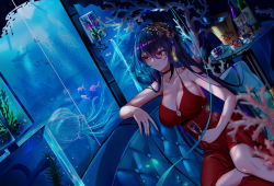 Rule 34 | 1girl, absurdres, alcohol, aquarium, azur lane, black hair, breasts, champagne, champagne flute, choker, cleavage, cocktail dress, crossed bangs, cup, dress, drinking glass, evening gown, hair between eyes, halter dress, halterneck, highres, indoors, jellyfish, large breasts, long hair, looking to the side, official alternate costume, parted lips, red choker, red dress, red eyes, sabou san-shitsu kokoro, sitting, sleeveless, sleeveless dress, smile, solo, taihou (azur lane), taihou (forbidden feast) (azur lane), very long hair