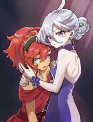 Rule 34 | 2girls, ahoge, aqua eyes, arms around neck, backless dress, backless outfit, bare shoulders, black hairband, blue dress, blush, bracelet, breasts, brooch, dafs26, dress, grey eyes, grey hair, gundam, gundam suisei no majo, hair between eyes, hair bun, hair ornament, hair stick, hairband, halter dress, halterneck, hand on another&#039;s shoulder, highres, jewelry, looking at viewer, medium breasts, miorine rembran, multiple girls, necklace, off-shoulder dress, off shoulder, pale skin, parted lips, ponytail, red dress, red hair, suletta mercury, thick eyebrows, tiara, upper body