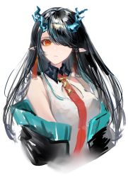 Rule 34 | 1girl, arknights, black collar, black hair, black jacket, china dress, chinese clothes, cleavage cutout, clothing cutout, collar, commentary, dragon horns, dress, dusk (arknights), ear piercing, gawako, green hair, hair over one eye, highres, horns, jacket, long hair, looking at viewer, multicolored hair, necktie, off shoulder, piercing, pointy ears, red eyes, red necktie, simple background, sleeveless, sleeveless dress, solo, streaked hair, upper body, white background, white dress