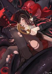 Rule 34 | 1girl, absurdres, azur lane, black hair, black jacket, black pantyhose, blush, book, boots, chiyu1182, from below, hat, highres, holding, holding sword, holding weapon, jacket, leather, leather boots, long hair, looking at viewer, open clothes, open jacket, pantyhose, pirate, pirate hat, red eyes, red skirt, royal fortune (azur lane), saber (weapon), signature, sitting, skirt, smile, solo, suction cups, swept bangs, sword, tentacle hair, tentacles, torn clothes, torn pantyhose, weapon