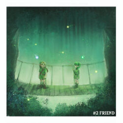 1boy 1girl belt blonde_hair blue_eyes bridge bush fairy forest full_body green_hair hairband hat highres link looking_at_another nature navi nintendo ora-illustration plank pointy_ears rope_bridge saria_(zelda) shield shorts standing sweater sword the_legend_of_zelda the_legend_of_zelda:_ocarina_of_time tunic turtleneck turtleneck_sweater weapon