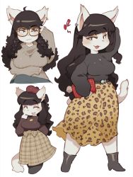 Rule 34 | 1girl, animal ears, beret, black hair, boots, breasts, cat ears, cat tail, closed eyes, earrings, eyebrows hidden by hair, eyelashes, furry, furry female, glasses, half-closed eyes, hat, high heel boots, high heels, highres, jewelry, juri-chan, kaeritai07, large breasts, long hair, open mouth, original, sanjiro (tenshin anman), shirt, skirt, smile, solo, sweater, tail