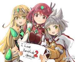 Rule 34 | absurdres, animal ears, bare shoulders, black gloves, blonde hair, blunt bangs, bodysuit, breasts, cat ears, chest jewel, cleavage, cleavage cutout, clothing cutout, dress, earrings, elbow gloves, facial mark, fingerless gloves, gloves, highres, jewelry, large breasts, long hair, mythra (xenoblade), nia (xenoblade), pyra (xenoblade), red eyes, red hair, short dress, short hair, sofusan1526, swept bangs, tiara, very long hair, white dress, white gloves, xenoblade chronicles (series), xenoblade chronicles 2, yellow bodysuit, yellow eyes