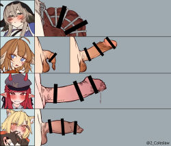 Rule 34 | 4girls, aciddrop (arknights), ahoge, animal ear fluff, animal ears, arknights, bar censor, blue eyes, blush, breasts, brown hair, censored, chastity cage, closed mouth, earrings, erection, female pubic hair, fingerless gloves, flaccid, foreskin, futanari, gloves, grey background, grey hair, hat, highres, horns, horns through headwear, huge penis, jewelry, large breasts, long foreskin, long hair, looking at viewer, mirin chikuwa, multiple girls, open mouth, orange eyes, pallas (arknights), penis, penis chart, penis size difference, phimosis, pointy ears, precum, pubic hair, red eyes, red hair, testicles, veins, veiny penis, vermeil (arknights), vigna (arknights)