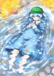 Rule 34 | 1girl, autumn leaves, blue eyes, blue hair, floating, hair bobbles, hair ornament, hat, interlocked fingers, kawashiro nitori, long sleeves, looking at viewer, lying, matching hair/eyes, moni (credo), on back, own hands clasped, own hands together, partially submerged, ripples, short hair, smile, solo, sparkle, touhou, twintails, two side up