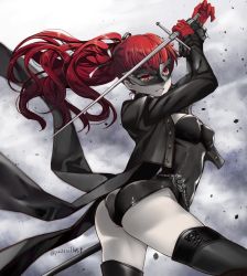 Rule 34 | 1girl, arms up, ass, black jacket, black thighhighs, blazer, bow, breasts, buttons, cowboy shot, female focus, floating hair, frilled sleeves, frills, gloves, gradient background, grin, hair bow, highleg, highleg leotard, highres, holding, holding sword, holding weapon, jacket, large breasts, leotard, long hair, long sleeves, looking at viewer, mask, matching hair/eyes, persona, persona 5, persona 5 the royal, ponytail, red bow, red eyes, red gloves, red hair, sheath, simple background, smile, solo, sword, thighhighs, twitter username, unsheathed, weapon, yaoto, yoshizawa kasumi