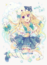 Rule 34 | 1girl, :d, absurdres, ahoge, animal ears, animal hood, bell, blonde hair, blue bow, blue footwear, blue skirt, blush, bow, bow legwear, bowtie, braid, cat ears, cat girl, cat hood, cat tail, center frills, cloud, commentary request, fang, flower, footwear bow, frilled skirt, frills, gloves, green bow, hair between eyes, hair bow, hair ornament, hairclip, hairpin, high heels, highres, holding, holding wand, hood, jingle bell, leg ribbon, long hair, looking at viewer, open mouth, original, outstretched arms, revision, ribbon, sakura oriko, shirt, shoes, short hair, short sleeves, skirt, smile, solo, sparkle, tail, thighhighs, twin braids, very long hair, wand, white gloves, white shirt, white thighhighs