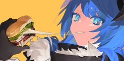 Rule 34 | 1girl, :t, arknights, black gloves, blue eyes, blue hair, burger, closed mouth, curled horns, eating, food, gloves, holding, holding food, horns, long hair, long sleeves, looking at viewer, lunch (lunchicken), mostima (arknights), orange background, portrait, simple background, solo