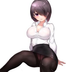 Rule 34 | 1girl, absurdres, arms at sides, bad anatomy, black skirt, boruhis, breasts, brown pantyhose, cleavage, collarbone, collared shirt, covered erect nipples, crotch seam, dress shirt, hair over one eye, highres, large breasts, long sleeves, miniskirt, office lady, open mouth, original, panties, panties under pantyhose, pantyhose, pantyshot, pencil skirt, purple hair, shirt, short hair, simple background, sitting, skirt, smile, solo, spread legs, underwear, white background, white shirt