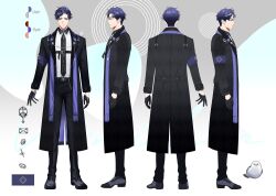 Rule 34 | 1boy, armband, belt, belt chain, bird, black belt, black coat, black footwear, black gloves, black necktie, black pants, blue armband, blue hair, blue scarf, character sheet, circle, coat, collared shirt, color guide, english text, frown, gloves, grey hair, highres, indie virtual youtuber, jewelry, kanapy, looking at viewer, multicolored hair, multiple views, necktie, open clothes, open coat, orcus vermillion, pants, red eyes, ring, scarf, second-party source, shirt, streaked hair, striped clothes, striped scarf, suspenders, thai commentary, virtual youtuber, white shirt