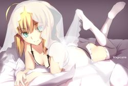 Rule 34 | 1girl, ahoge, alternate costume, aqua eyes, artist name, artoria pendragon (all), artoria pendragon (fate), ass, black bow, blonde hair, bow, bra, breasts, cleavage, closed mouth, eyebrows, fate/grand order, fate/stay night, fate/unlimited codes, fate (series), hair bow, long hair, looking at viewer, lying, magicians (zhkahogigzkh), no shoes, on bed, on stomach, panties, pillow, ponytail, saber (fate), saber lily, see-through, smile, solo, underwear, veil, white bra, white legwear, white panties, window shadow