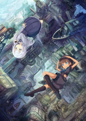 Rule 34 | 1boy, 2girls, aircraft, airship, beard, blue eyes, blunt bangs, blurry, boots, breasts, brown hair, building, city, cityscape, cloud, cross-laced footwear, depth of field, dragon tail, dress, facial hair, falling, from above, grey eyes, hand on headwear, hat, highres, knee boots, lace-up boots, long hair, midriff, multiple girls, neckerchief, original, pantaloons, pulley, rene, scenery, short hair, shorts, silver hair, sky, small breasts, smile, steampunk, tail, top hat